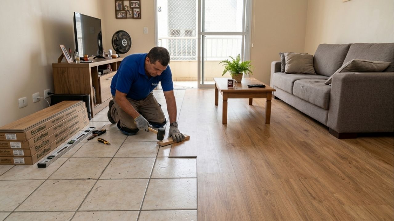 Pedreiro se recusa a assentar piso novo sobre cerâmica antiga em sala com desnível de 2 milímetros e explica ao proprietário o que acontece com o vinílico depois do primeiro verão
