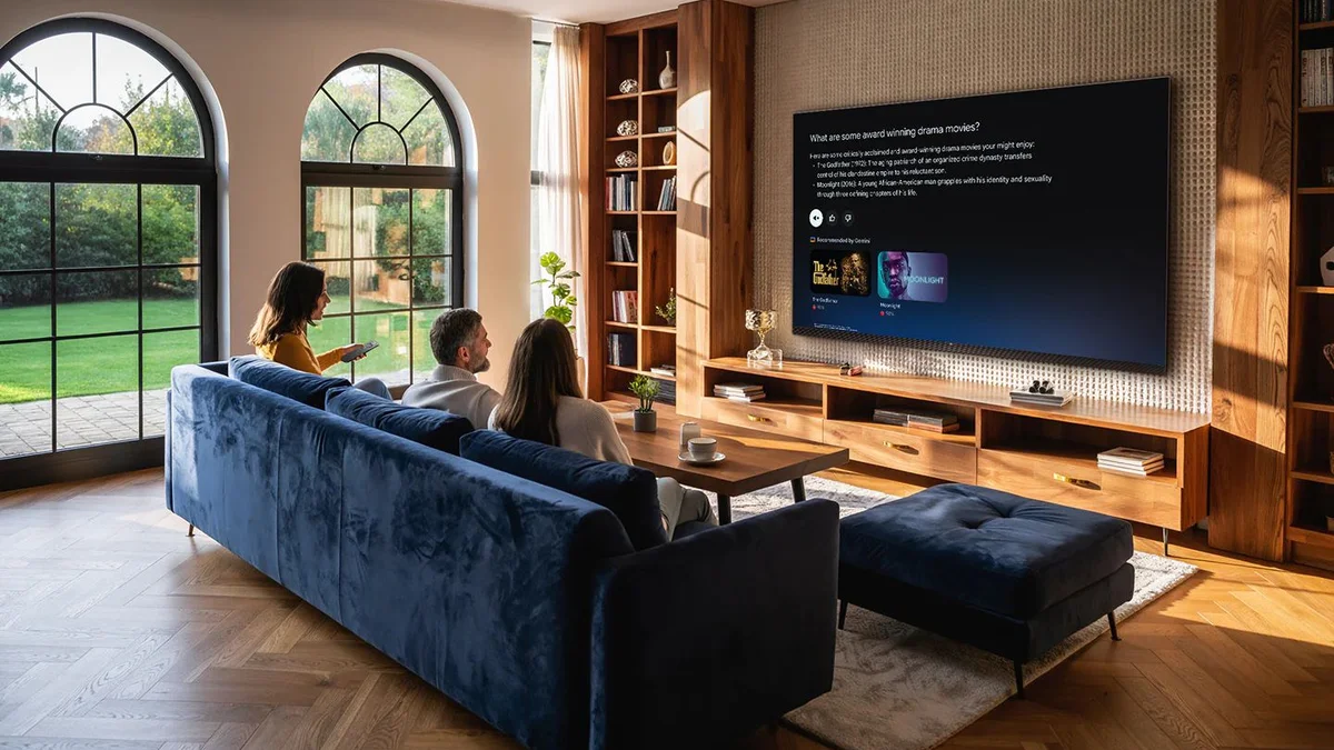 Sala de estar com a TV ligada e pessoas assistindo