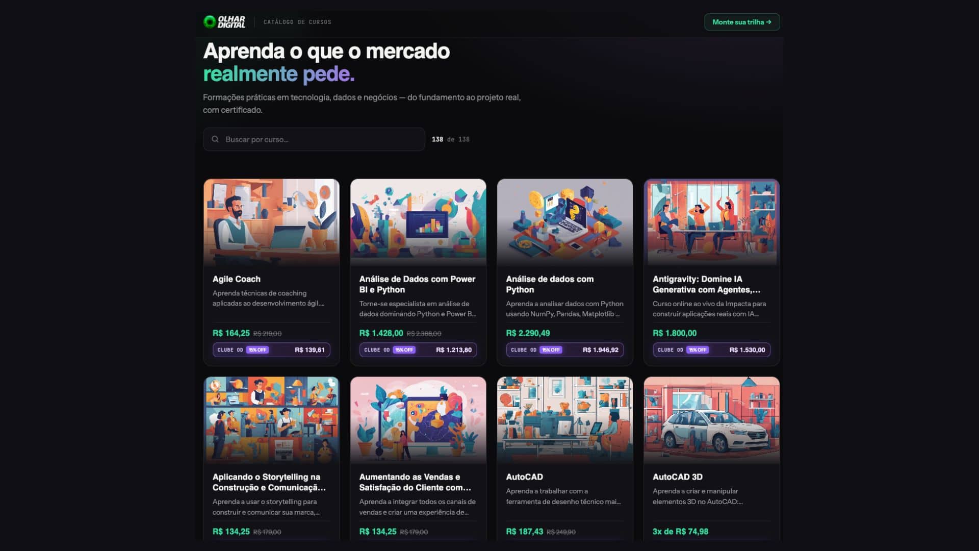Captura de tela de plataforma de cursos do Olhar Digital