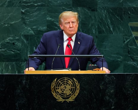 Donald Trump on stage behind an official UN lectern