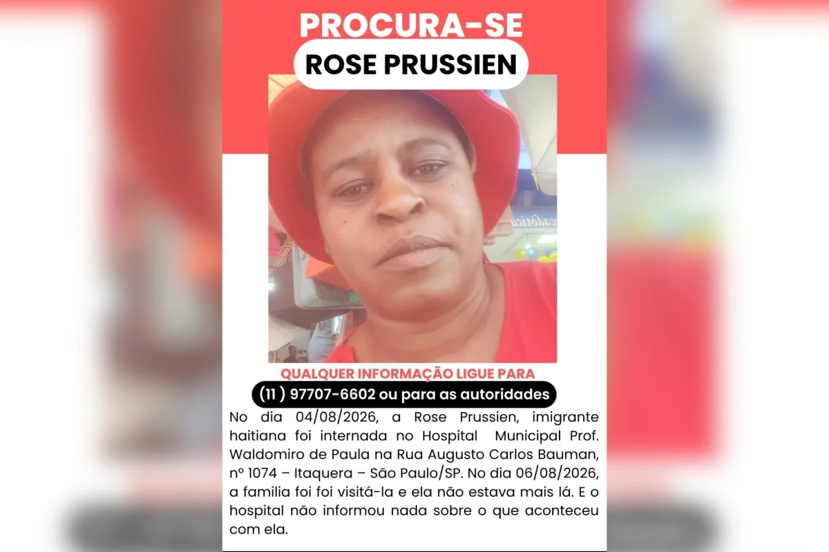 Imagem colorida de anúncio de mulher haitiana desaparecida após sumir de hospital de SP - Metrópoles