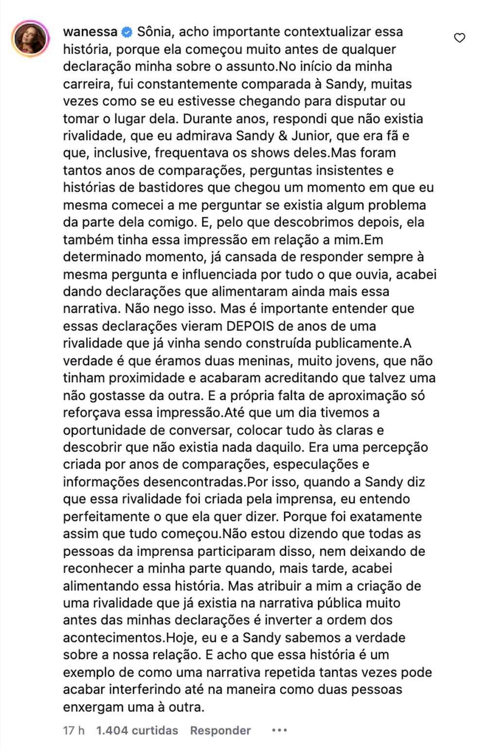 Wanessa admite que declarações suas alimentaram rivalidade com Sandy: 'Não nego isso'