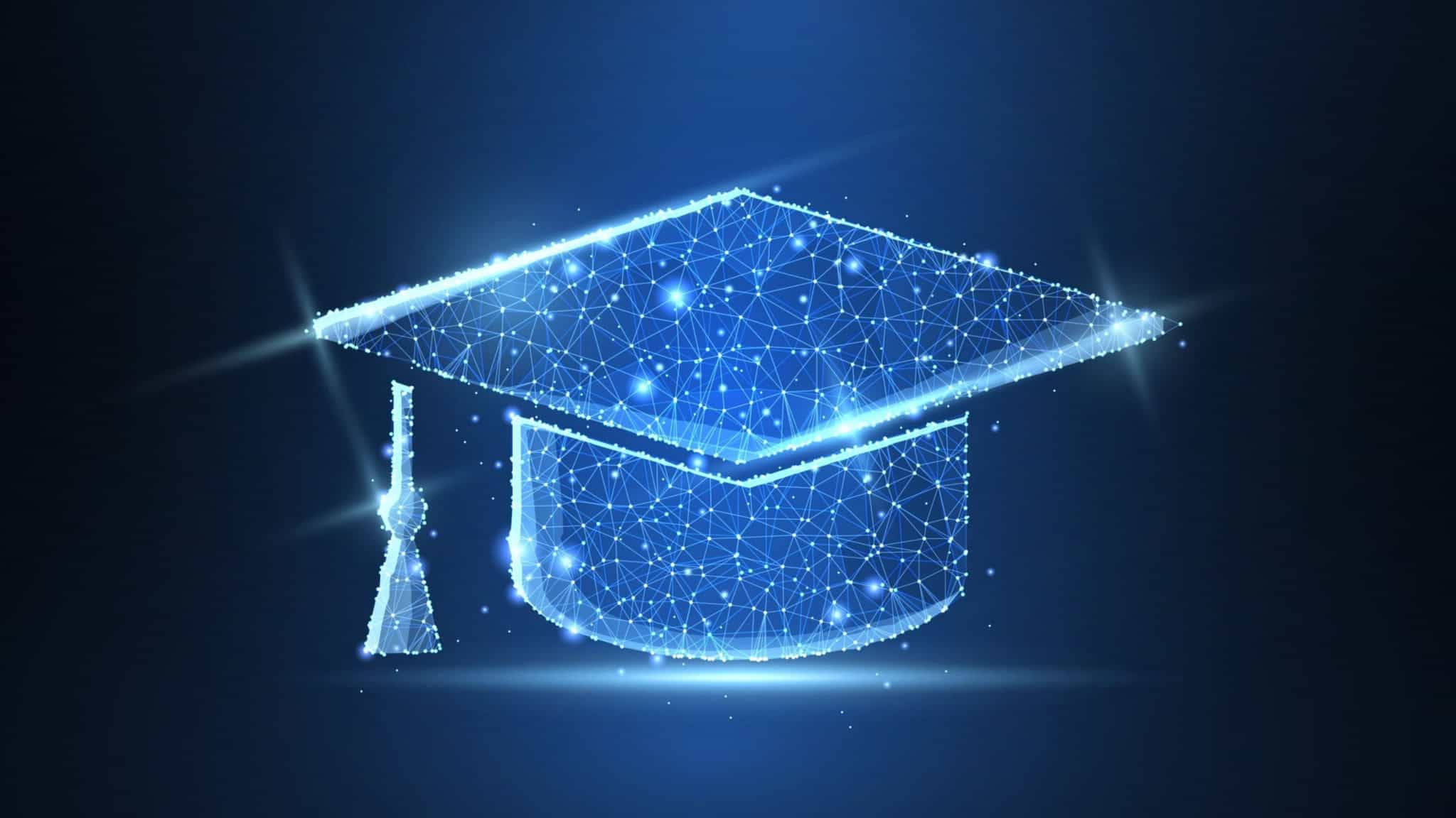 Ilustração de chapéu de graduação feita com elementos de tecnologia