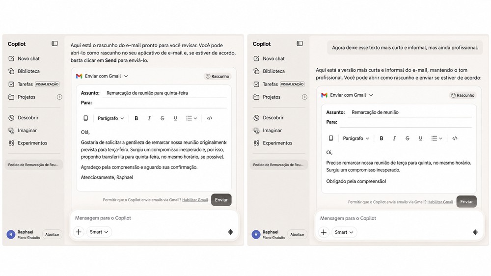 O Copilot criou uma primeira versão do e-mail e, após um novo pedido, deixou o texto mais curto e informal — Foto: Reprodução/Copilot