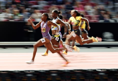Melissa Jefferson-Wooden of the US competes alongside Saint Lucia’s Julien Alfred in the women’s 100m final at the World Athletics Ultimate Championship in Budapest in September.