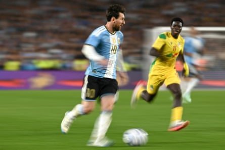 FBL-FRIENDLY-ARG-BENThis slow shutter photograph shows Argentina's forward #10 Lionel Messi controlling the ball during the international friendly football match between Argentina and Benin at the Mas Monumental stadium in Buenos Aires on October 6, 2026.