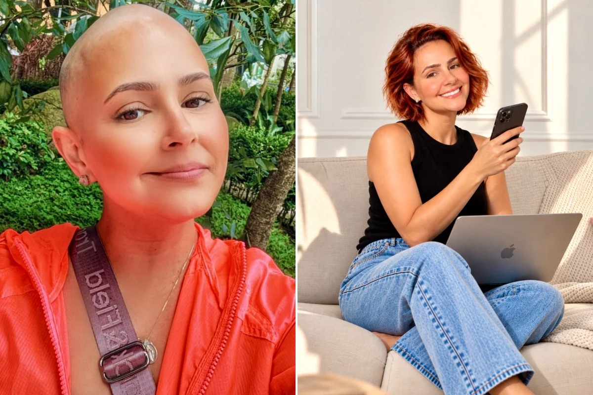 Catarina Novaes foi diagnosticada com câncer de mama triplo negativo. A esquerda, foto dela durante o tratamento, e a direita, ela em remissão. Metrópoles