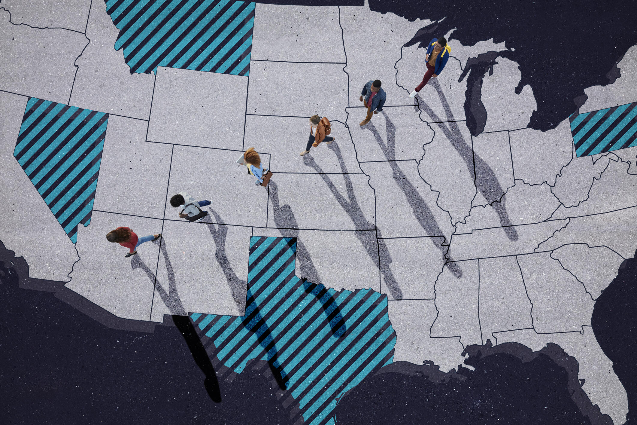 A line of people walk across an illustration of the United States with certain states blocked out.