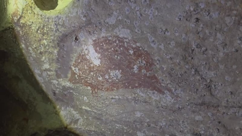 Cave painting art is seen on a cave in Indonesia