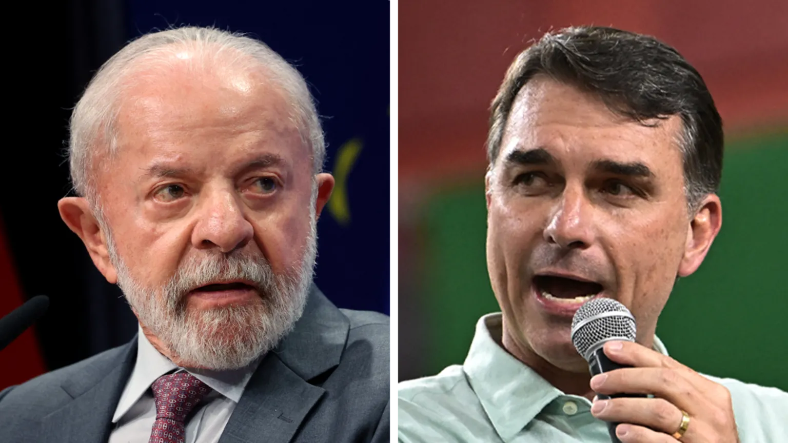 AFP A composite image shows Luíz Inácio Lula da Silva, wearing a grey suit jacket and a burgundy tie, at the left, and Flávio Bolsonaro, wearing a light green shirt but no tie, speaking into a microphone.