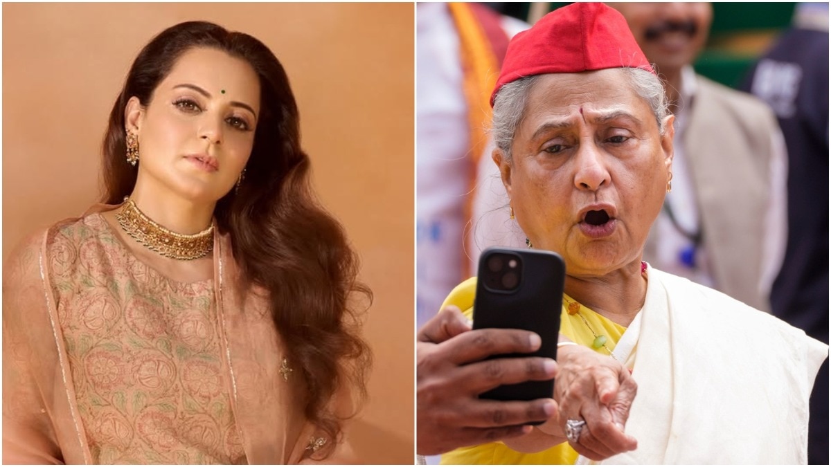 Kangana reage enquanto Jaya Bachchan empurra o microfone de um repórter durante uma marcha de protesto