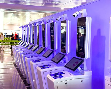 European entry-exit system kiosks with digital touchscreens and biometric scanners