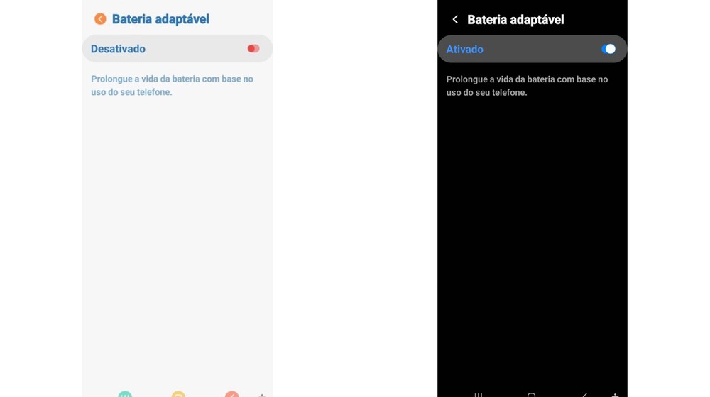 Bateria adaptável estava desligada antes do teste e passou a ser usada durante o período de otimização — Foto: Reprodução/ Android Galaxy A03