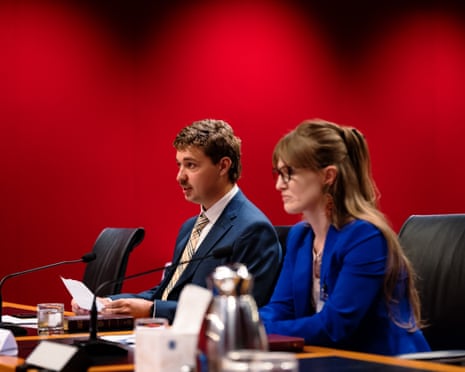 Edward Garth, left, gives a statement during a public hearing into the Redeemer Baptist School, at New South Wales parliament house in Sydney on Monday.