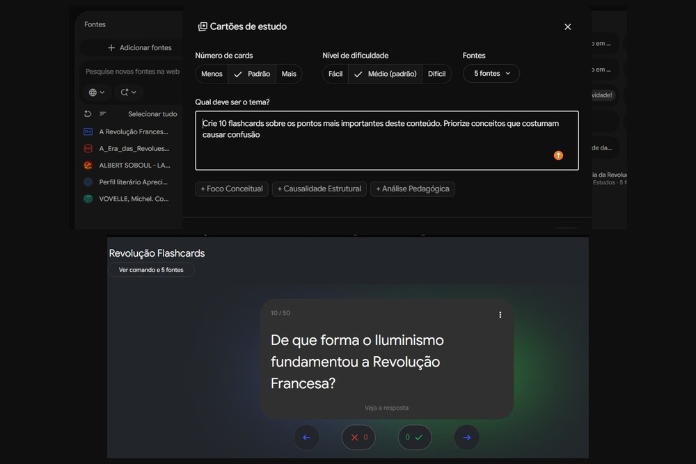Flashcards criados no NotebookLM com base nas fontes geradas no Gemini — Foto: Diedrich Bader/TechTudo