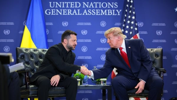 NEW YORK, NEW YORK - SEPTEMBER 22: President of Ukraine Volodymyr Zelensky (L) and U.S. President Donald Trump shake hands as they hold a bilateral meeting in conjunction with the 81st session of the United Nations (U.N.) General Assembly at U.N. Headquar