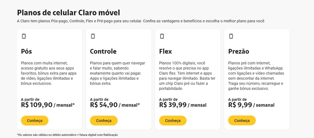 Planos da rede móvel da Claro — Foto: Reprodução/Taís Aparecida