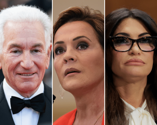 Charles Kushner, Kari Lake and Kimberly Guilfoyle shown in close-up portraits side by side