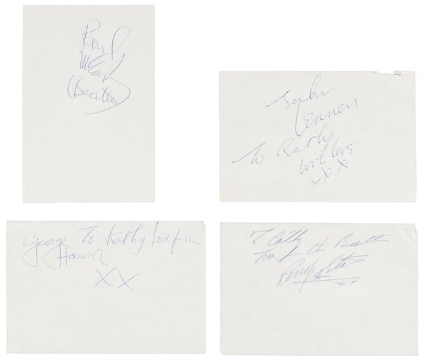 Undated handout photo originally issued on 21/09/26 by Dominic Winter Auctioneers of autographs of the four Beatles which sold at Dominic Winter Auctioneers on Wednesday. Issue date: Wednesday October 07, 2026. PA Photo. Photo credit should read: Dominic Winter Auctioneers./PA Wire NOTE TO EDITORS: